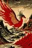 Placeholder: A dark red fiery underground mine with a phoenix painted by Katsushika Hokusai