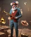 Placeholder: mechanoid old friendly fat clown with trimmed beard playing jazz with a steampunk theme, trumpet, realistic