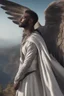 Placeholder: a close up side profile image of an attractive dark male angel, smiling and looking over the horizon on a very high cliff, 8k quality, supper realistic