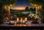 Placeholder: in the nice garden Cozy outdoor dining scene, on the table are lit candles, a bottle wine with two wineglasses, warm and inviting ambiance. in the distance plants, flowers, trees, summer night, high detailed, masterpiece