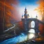 Placeholder: white horse on the bridge,evening, hawk eye view, spray painted fantasy art, book cover ,the stairs of a bridge or dam in magical forest,autumn icy water