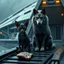 Placeholder: digital art front in picture an of little dark brown catlike creature with big ears, big eyes four legs stands medium close with an anthropomorphic wolf couple sitting just in hairy body on the spaceship's ramp close together, the pale gray body hair female wolf sits behind strong the full dark gray body hair man wolf, raini day, on ramp a little piece of meat lies down, high contrast, high detalied, high realistic, in background detail of an angular spaceship visible. Rain, atmospheric, 3d