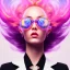 Placeholder: a award winning action upper body portrait of a beautiful woman with glasses and ombre purple pink hairstyle with head in motion and hair flying, choker, outrun, vaporware, vivid colors, highly detailed, fine detail, intricate