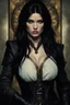 Placeholder: dark haired woman tall and curvy. hardness about her expression. scowling realist darkfantasy inside setting