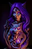 Placeholder: a wood carving of a female mage with flowing purple hair and glowing eyes. She is holding a cat