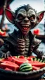 Placeholder: portrait of a vampire werewolf gremlin with mustage eating watermelon and the blood of fish on a viking ship, in the style of Giger,bokeh like f/0.8, tilt-shift lens 8k, high detail, smooth render, down-light, unreal engine, prize winning