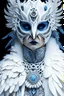 Placeholder: Beautiful white biomechanicsnow owl bird masqued lady portrait, extremely textured biomechanical shamanism ribbed costume jacket with miniature onix mineral stone like textured decadent goth metallic filigree white and silver dust colour gradient opal ribbed headress adorned with biomechanical shamanism silver and blue fbioluminescense agate and azurit ribbed headress wearing bioluminescense biomechanical floral embossed silver jewellry naeklace and costume organic bio spinal ribbed detail of bi