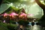 Placeholder: Magical fantasy elven cafe forest rivendell tree flower pink green yellow beautiful nature river waterfall