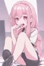 Placeholder: a cute poster of a Anime young monster girl, sit pose, fullbody, pink tones, rolling eyes, open mouth, finger lying on nose, veiny on eyes, fingers cute lying on nose crack, Mejiri Pose, tongue out, mouth open,