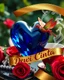 Placeholder: realistic image of a shiny deep sapphire blue heart, colorful pearls, colorful glass, colorful glass humming birds, near a red coffee cup with steam, red roses under a shiny golden ribbon that written in details the text "Dewi Cinta" in cursive letters, lush green garden background, ultra HD 64k resolution hyperrealism cinematic photography, sharp focus