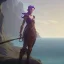 Placeholder: a gorgeous adventurer princess in a revealing dress and armor standing on a cliff and looking out over the ocean