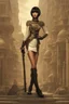 Placeholder: full-body-art of a woman with a bob with a fringe hairstyle, Cleopatra clothing, black knee-high boots, steampunk city background