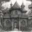 Placeholder: A detailed and whimsical illustration, created in a vintage charcoal style. This piece explores unique and fantastic architecture, with intricate details that invite the viewer to discover every corner. The figure at the entrance adds a touch of mystery and narrative to this imaginary scene. Ideal for lovers of fantasy art and traditional drawing.