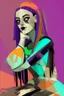 Placeholder: whimsical arafed nonsense stylized abstract portrait of a woman with dark bob hair, seated with arms crossed, (((oversize head))), in vibrant patchwork purple dress and orange accents around wrists, background is blend of bold beige and drab patchwork vibe, cyan tints, rainy whimsical afternoon, sharp color contrasts, amazing shadows, minimal cozy, color leak, heavily distorted views, amazing parallels