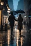 Placeholder: A couple walking hand in hand in a rainy night looking at the city