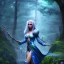 Placeholder: crazy detail, magical forest background, waterfall, blue but cloudy skies,the upper body of grand sleazy lady wearing soft robes and gloves,dark stone statue, lively eyes,hidden hands, framed by foliage, runes, warm light, holding up scroll