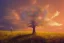 Placeholder: One Oak tree,on a valley,blue deep sky, Colourful meadow,and a man in red staring at the sunset,details,texture,8k quality, 100 meters snapshot, Expressionism