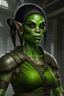 Placeholder: A female half-orc warehouse worker with green grey skin