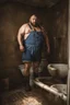 Placeholder: full figure photo, burly big chubby russian plumber, dirty, ripped overalls, 38 years old, crossed arms, shaved, short beard, manly chest, virile, arms, ugly, big thighs, under the flushing shower, sunlight , photorealistic, 35mm lens, ultra detailed