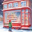 Placeholder: Paint a cover for a children's book with oil paints. New Year's Eve window of a toy store in a big city. A toy big red train stands in the window. A boy is standing near the shop window. Winter