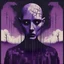 Placeholder: A minimal and sinister design with a color scheme of foreboding violets; artificial intelligence ;using halftone and mixed media and pictorial map; inspired by surreal figurative and blackout poetry and naïve art; the focus is ghoul in tv; mood is mysterious and chilling.