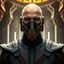 Placeholder: bald male corellian jedi wearing gunmetal grey and black old republic armored flightsuit and breath mask with gold and metallic red trim inside the jedi temple, centered head and shoulders portrait, hyperdetailed, dynamic lighting, hyperdetailed background, 8k resolution, volumetric lighting, light skin, fully symmetric details