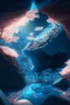 Placeholder: A realistic image in 4K of a cavernous subterranean cave illuminated by glowing aquamarine rocks, geometric rock formations protruding from the roof of the cavern, a crystal clear lake, a blooming japanese cherry tree rising emerging from the calm waters in the background