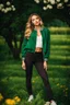 Placeholder: fullbody shot of young-beautiful-girl-with-a-perfect-face wearing pants and thight blouse and jacket sport shoes standing in country side green field flowers day lights