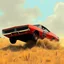 Placeholder: golden age of comic rendering, dramatic angle of dukes of hazard's general lee - 1969 red dodge charger with "01" on side jumping over a bush in a dusty field