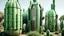 Placeholder: A surreal landscape featuring tall, cactus-shaped structures with windows, resembling futuristic dwellings, set in a lush desert environment. The structures are evenly spaced, with a muted green color and vertical ridges, adorned with climbing plants and flowers around the window frames. Each structure has a rounded, cage-like top section, some with visible interior lighting. The foreground is filled with dense vegetation, including flowering bushes with orange and green foliage, bordering a win