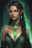 Placeholder: Young beautiful female Hexblood Warlock with lightly tanned skin, long silky dark brown hair styled in elegant half-braids, the rest flowing straight down her back. Bright glowing pale emerald-green eyes, delicate features, full lips, and a calm mischievous smile. Subtle dark vine-like markings trail along her neck and collarbone, hinting at ancient magic. Dark fantasy, realistic, cinematic, highly detailed.