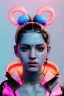 Placeholder: Ultra Realistic image, Rosalía artist, portrait, waist up portrait, black eye line, sweet face, gold pink and blue geisha style, spray line make up, geometric, led lights, neon, rings piercing, led ornament, fog, bubble latex coat, vibrant color, highly detailed, art stations, concept art, smooth, unreal engine 5, god rays, ray tracing, RTX, lumen lighting, ultra detail, volumetric lighting, 3d, finely drawn, high definition, high resolution.