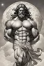Placeholder: Digitize the sketched image of Atlas from Greek mythology, the character is portrayed as extremely muscular, holding up a massive celestial sphere, which is the Earth. The scene is dramatic, emphasizing the strain and power of Atlas. He has long hair and a rugged, classical appearance befitting a mythological titan. His attire is minimal, resembling ancient Greek garments. Please exclude any signatures or artist autographs from the image. The artwork should be in a hyper-realistic style, capturi