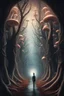 Placeholder: A surreal scene a tunnel-like structure filled with intertwined mushrooms trees , The tunnel is lined with countless writhing aliens bodies, creating a chaotic and nightmarish atmosphere. At the end of the tunnel, a solitary figure walks towards a distant light source, casting a glow that illuminates the scene. The overall color palette is muted with shades enhancing the ominous and unsettling mood. The level of detai