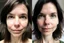 Placeholder: A selfie of a brunette woman, middle short hair, showing a 27-year-old European woman. She has white skin, tousled brown hair, face without makeup, big round dark brown eyes, cute nose, detailed full lips, skin texture. Split screen and show the same face but 15 years older