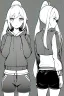Placeholder: blonde girl with ponytails dressed in a jacket and shorts walks briskly, front view, greyscale