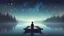 Placeholder: vector graphic of a boy sit in dock cozy mist lake in sky full of star