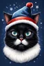 Placeholder: face of cartoon happy black cat with hat Santa Claus on dark blue background with white snow oil drawing