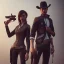 Placeholder: male and female gunslingers, badass, two guns, black fedora, dark red eyes, fanatsy, si-fi, photo realistic, ultra realistic, 8k, unreal engine 5