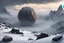 Placeholder: a giant spherical meteor is the focus of the image, crashed and positioned into the tip of a snowy mountain peak, shrouded in mist. cinematic lighting, artstation, grim mood