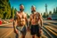 Placeholder: full figure shot photography of two ugly burly beefy hairy polish workers 34 years old, shirtless , tattoo ,short hair, short beard , bulge, short pants, working on a construction site in the middle of a road under the sun, look at the camera, hyper-realistic, photographic, 8K