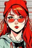 Placeholder: japan teenager girl with red hair wearing a sporty sweatshirt and baseball cap and sunglasses with red lenses, gabriel picolo comics style, cartoon background, 80's,