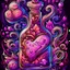 Placeholder: Cartoon illustration of love potion number 9 bottle sparkling, enchanted, fantasy illustration, highly detailed vintage story art style, purple tones, exaggerated, surreal