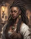 Placeholder: cool 30 year old african american dungeons and dragons tavern owner female with dreadloks