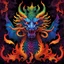 Placeholder: {Rorschach} of ink blots metamorphosizes into a dynamic explosive (chinese golden_dragon: 1.5), front and center, symmetrical, scales, flames, red, illuminated by the iridescence of rainbow colors. The dragon carving is complex and detailed. The colors of the sculpture go from blue at the top to green, then purple and finally orange at the bottom, giving a rainbow effect. The iridescent light shines brightly with fine holographic glitter sprinkled magic