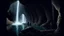 Placeholder: two figures traversing a cliffside path, in an underground cavern with a waterfall and still lake