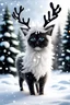 Placeholder: Create a white black Fluffy reindeer Mixed with a kitten in the Snow playing in the background is snowing