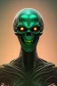 Placeholder: green alien, head, evil, black eyes, weapons, blood, 8k, finely detailed, photo realistic, HR Giger style turquoise skull head red Mohak alien