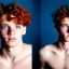Placeholder: teen, male, with flopwing red curly hair, blue eyes, head shot, model, real photo, soft lighting