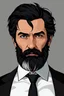 Placeholder: create a male character based on john constantine, with black hair, thick but well kept dark beard with some white hairs, flat grey background black suit and black tie, face about in his 40s.